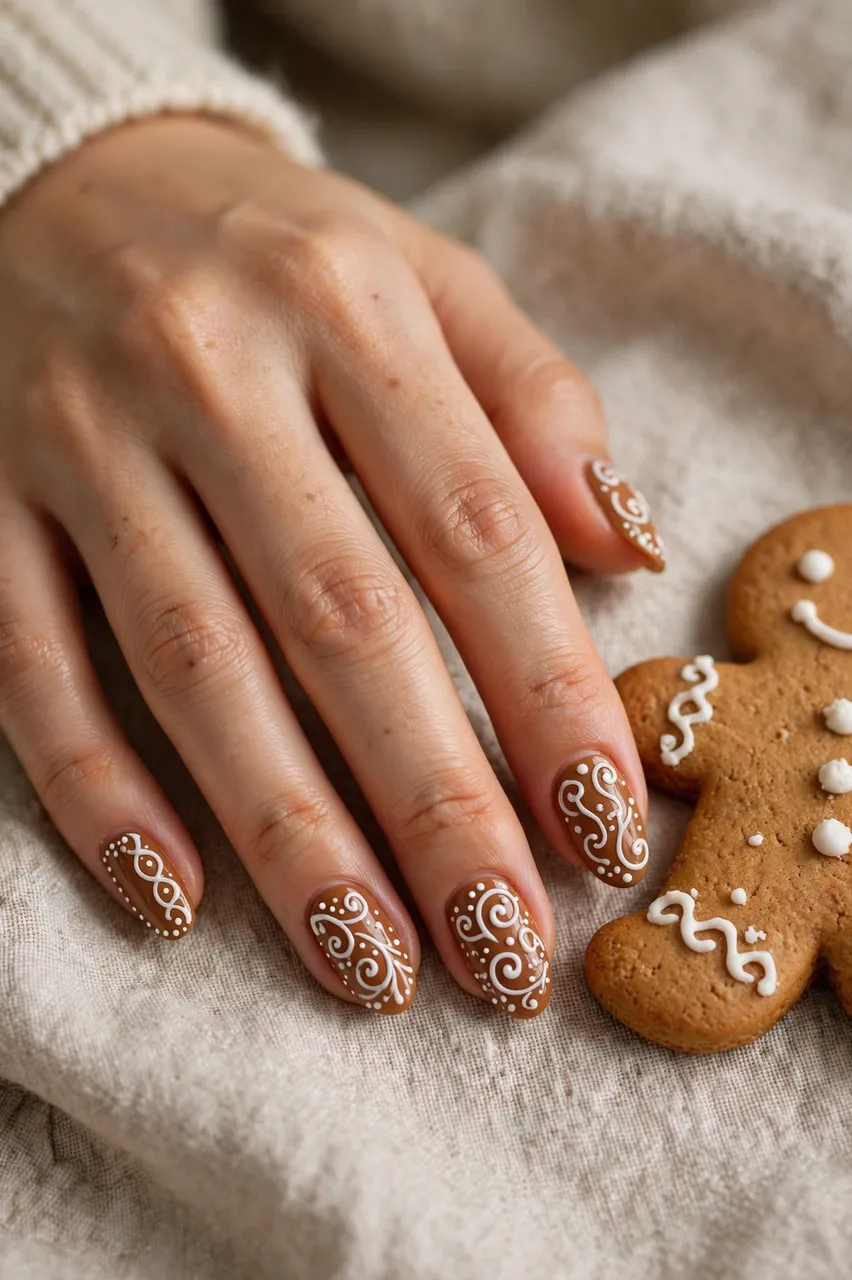 A hand with gingerbread themed nail art rests next to an iced gingerbread man cookie on soft linen fabric