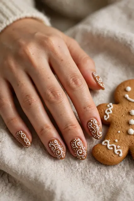 A hand with gingerbread themed nail art rests next to an iced gingerbread man cookie on soft linen fabric