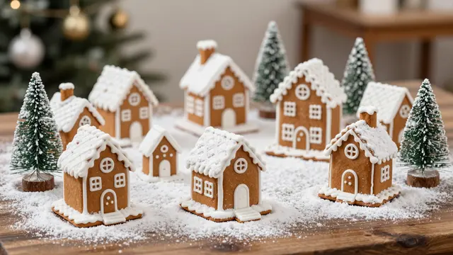 Iced gingerbread houses and miniature evergreen trees sit on a powdered sugar dusted wooden table