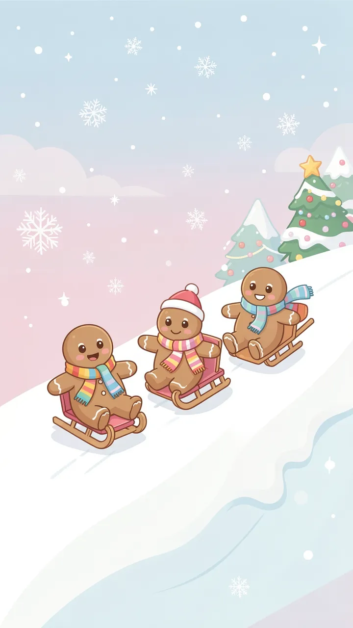 Three cute gingerbread characters in colorful scarves sled down a snowy pastel Christmas hill