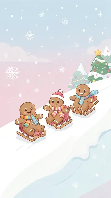 Three cute gingerbread characters in colorful scarves sled down a snowy pastel Christmas hill