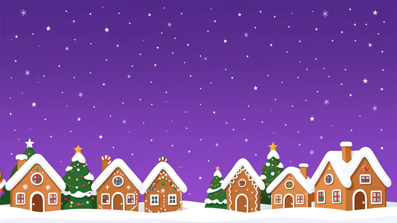 Row of snowy decorated gingerbread houses and Christmas trees under a starry violet winter sky with empty copy space above.