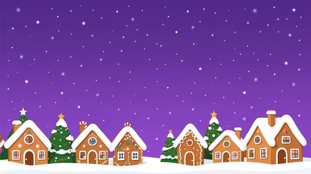 Row of snowy decorated gingerbread houses and Christmas trees under a starry violet winter sky with empty copy space above.