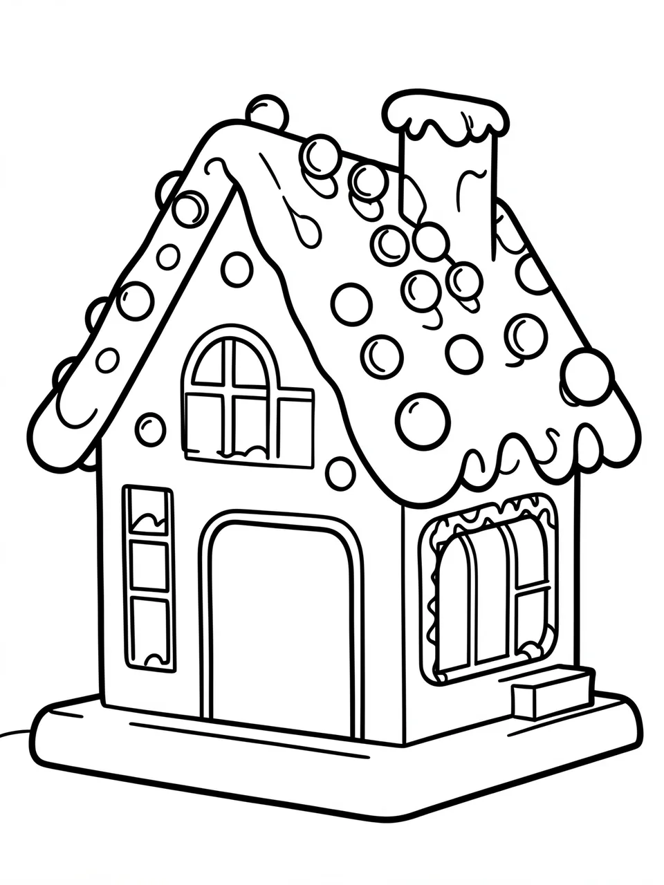 Bold black and white line art of a decorated gingerbread house on a plain white background