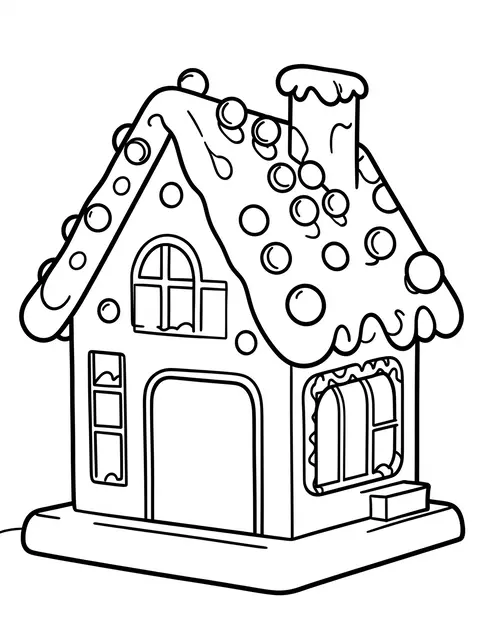 Bold black and white line art of a decorated gingerbread house on a plain white background