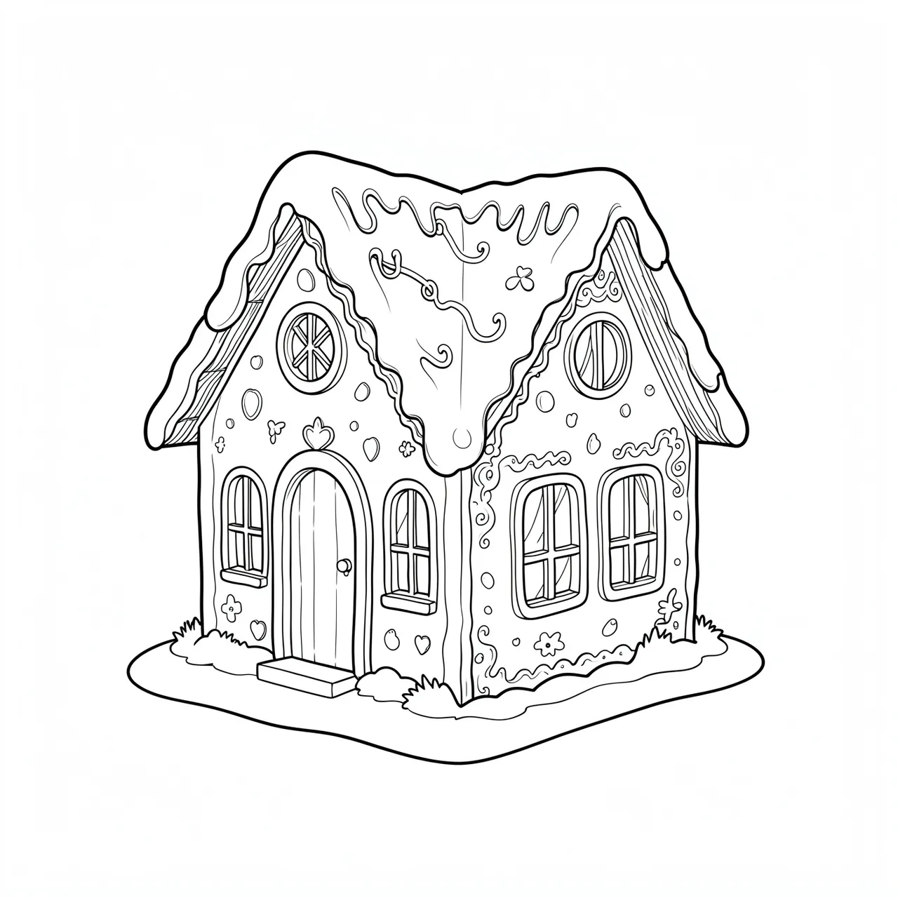 Clean single-weight fine line drawing of a decorated gingerbread house on a plain white background