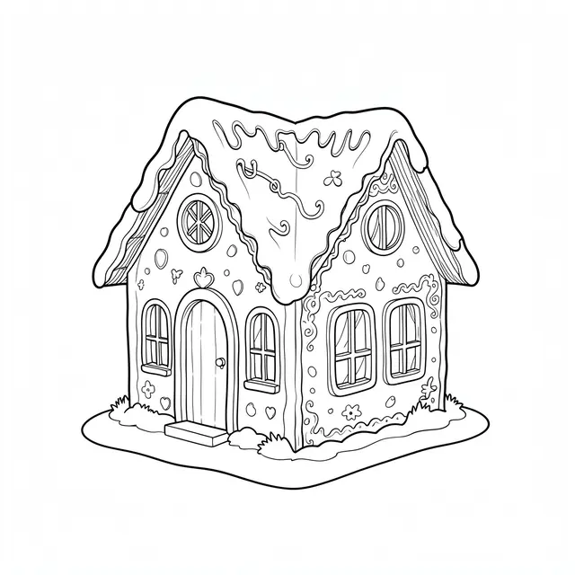 Clean single-weight fine line drawing of a decorated gingerbread house on a plain white background