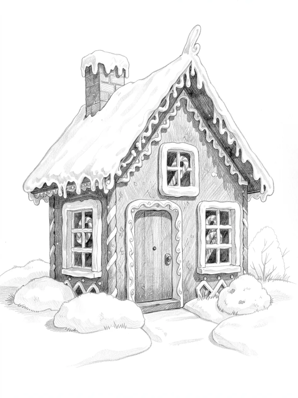 Graphite pencil sketch of a festive gingerbread house with snowy yard and candy window details on white paper
