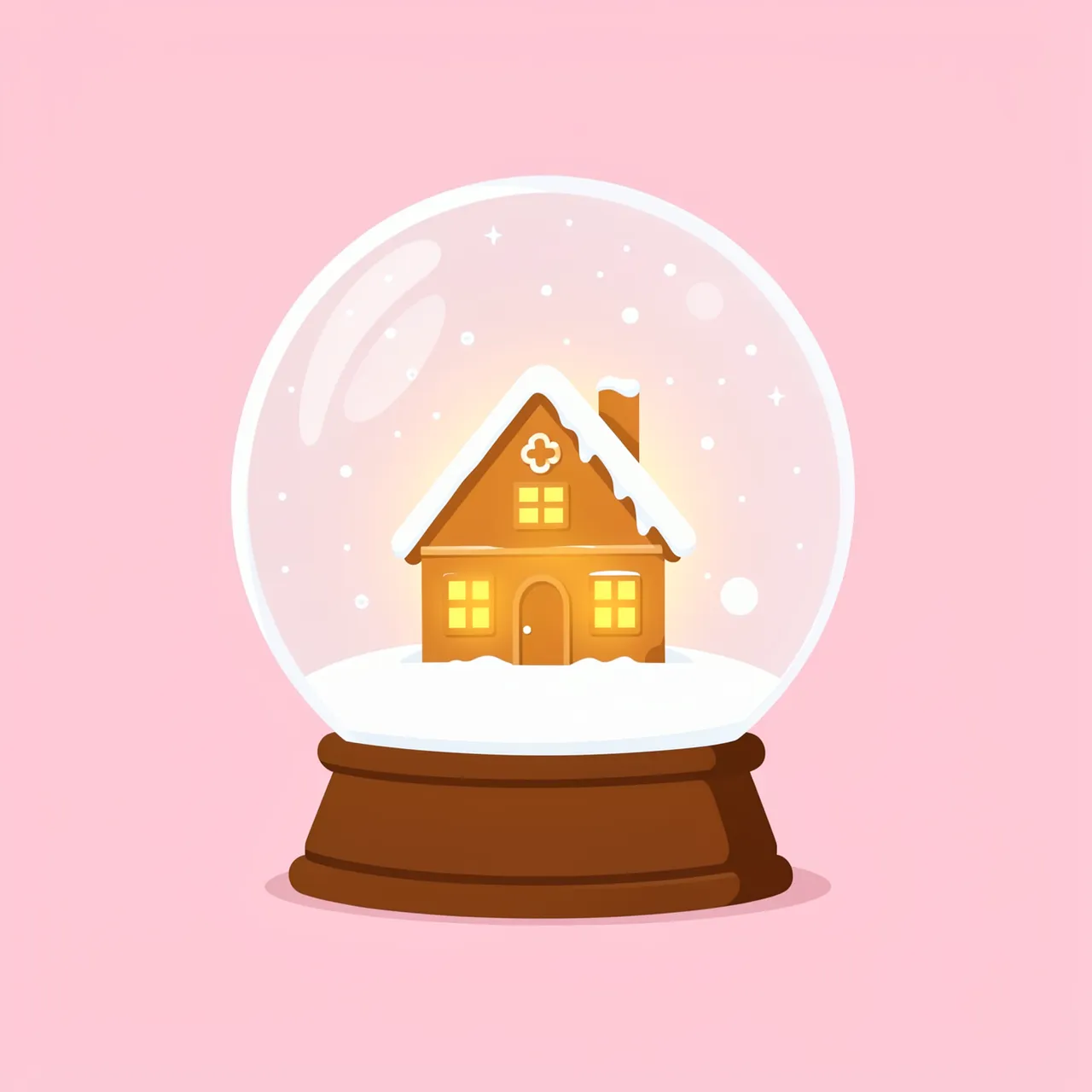 A flat vector snowglobe holding a glowing gingerbread house against a soft pastel pink background