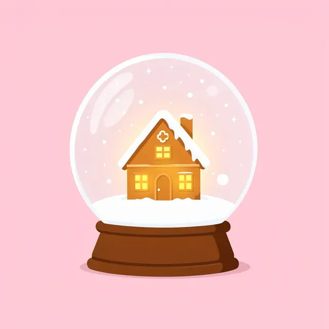A flat vector snowglobe holding a glowing gingerbread house against a soft pastel pink background