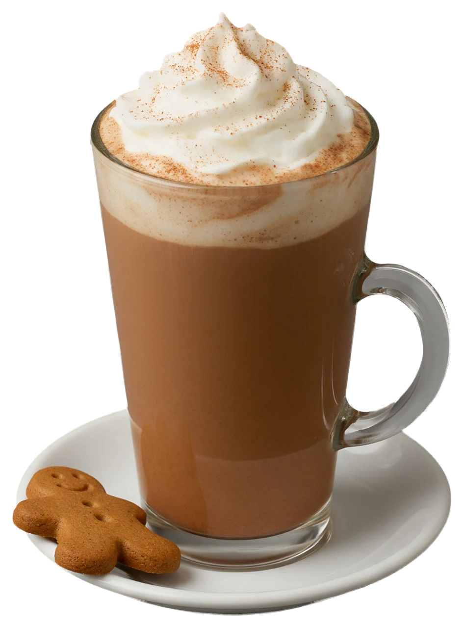 Tall glass mug of gingerbread latte topped with whipped cream and cinnamon, next to a gingerbread man cookie on a white