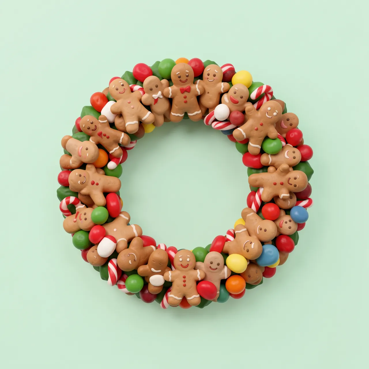 3D clay render of a festive wreath made of gingerbread men, candy canes and gumdrops on a pale mint green background