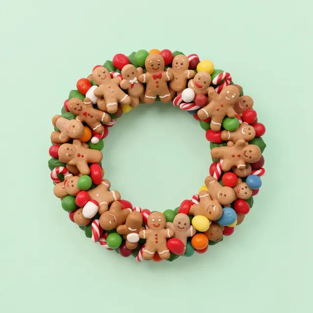 3D clay render of a festive wreath made of gingerbread men, candy canes and gumdrops on a pale mint green background