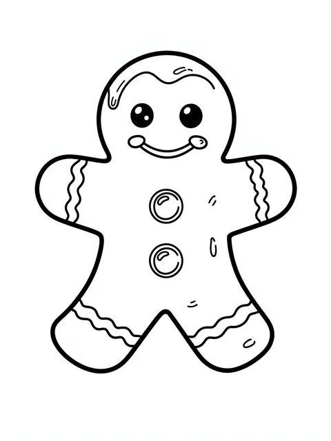 Simple bold black and white line art of a smiling gingerbread man on a plain white background