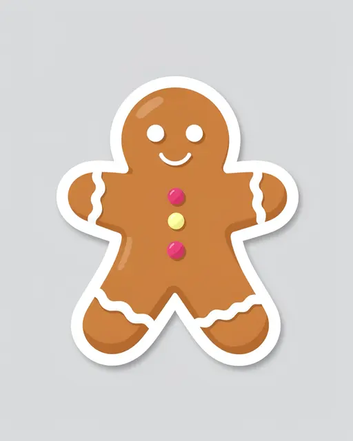 Cute die-cut gingerbread man sticker with icing details on a plain light gray background