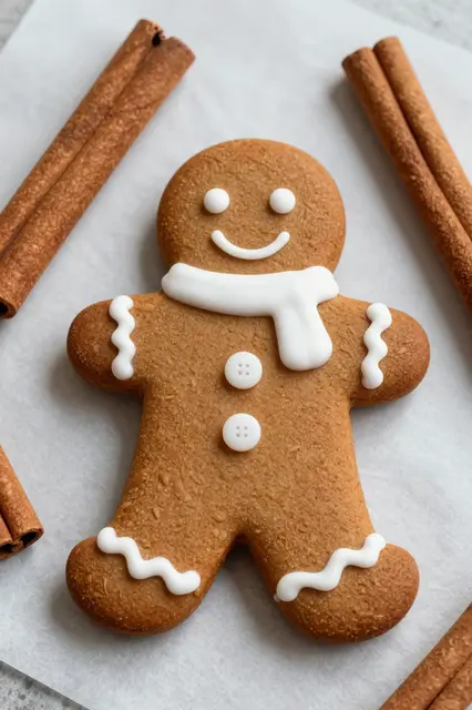 Top view of an iced gingerbread man cookie arranged with cinnamon sticks on parchment paper.