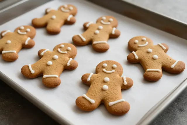 Iced gingerbread man cookies arranged on parchment paper over a metal baking tray