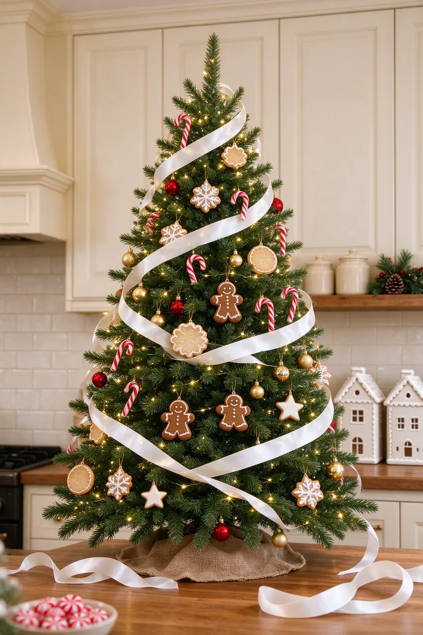 Decorated Christmas tree with gingerbread and candy cane ornaments sits on a wooden kitchen table