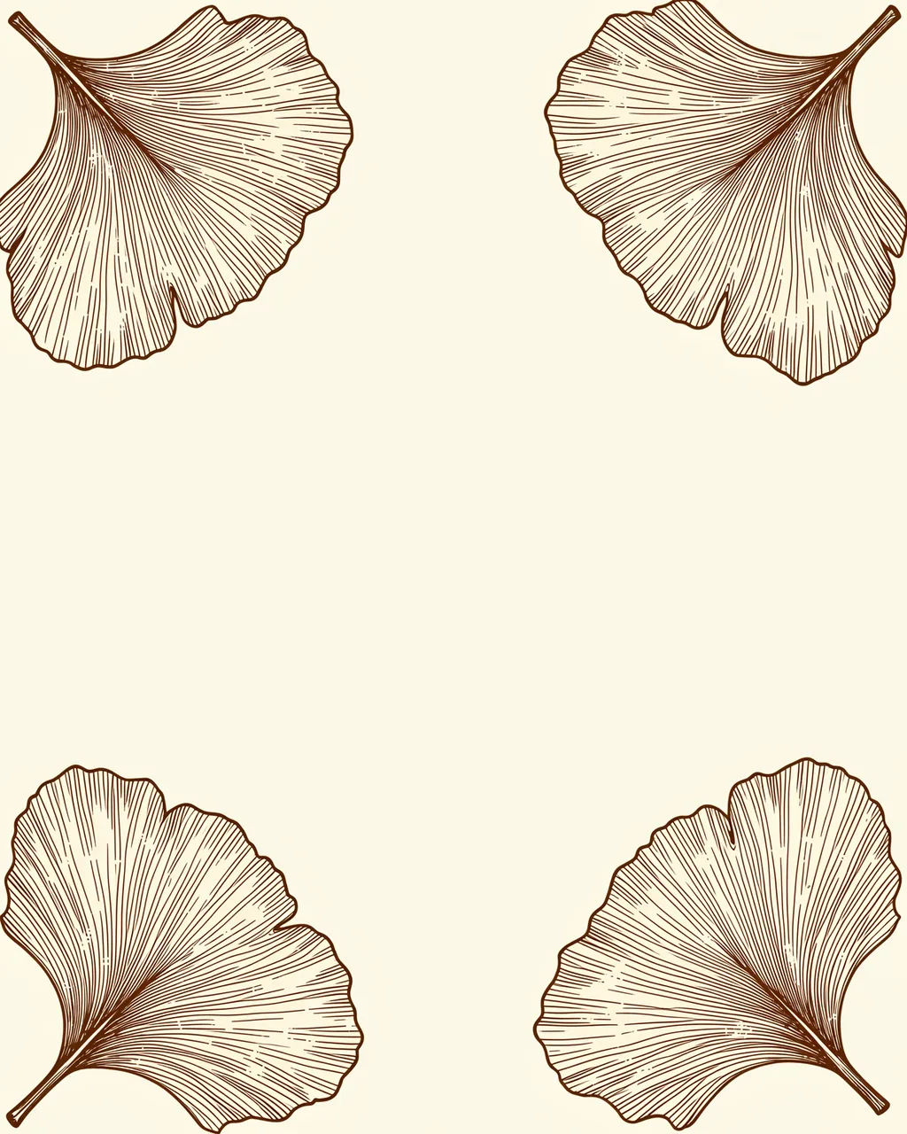 Four brown ink drawn ginkgo leaves placed at each corner of empty cream background space