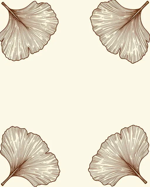 Four brown ink drawn ginkgo leaves placed at each corner of empty cream background space
