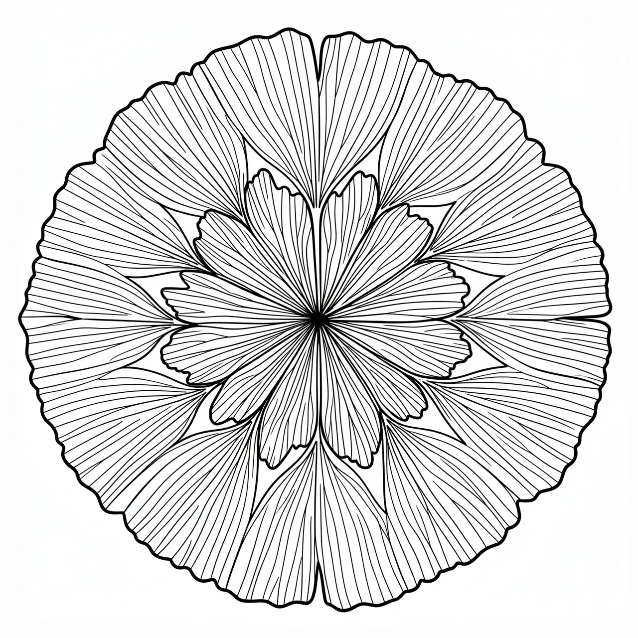 Black and white intricate ginkgo leaf mandala line art on a plain white background