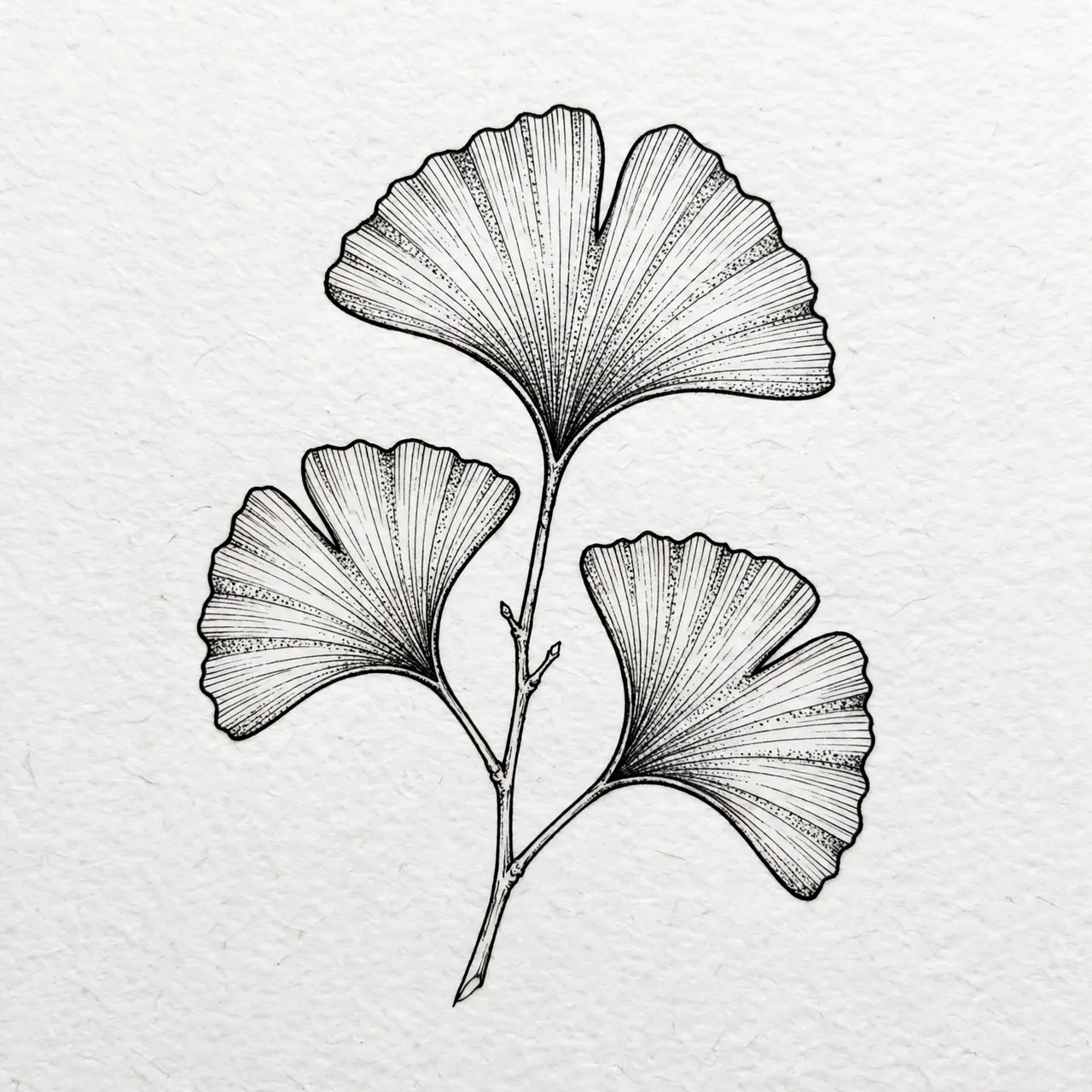Fine line black ink drawing of three fan-shaped ginkgo leaves on a thin twig against textured white paper