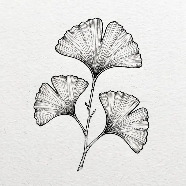 Fine line black ink drawing of three fan-shaped ginkgo leaves on a thin twig against textured white paper