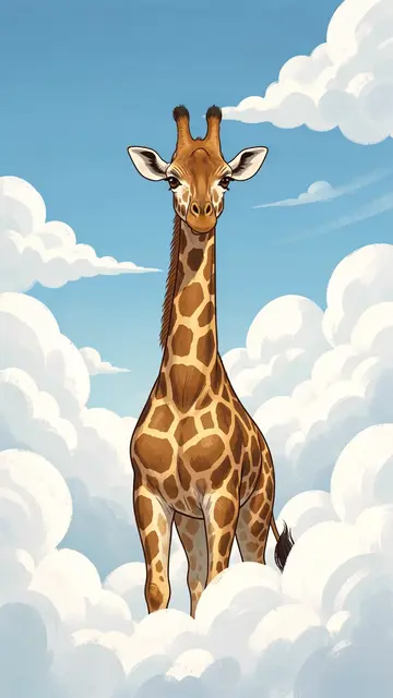 A stylized illustrated giraffe stands surrounded by fluffy white clouds against a bright blue sky