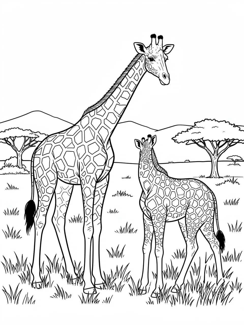 Black and white line art of a mother giraffe and her calf standing on the savanna