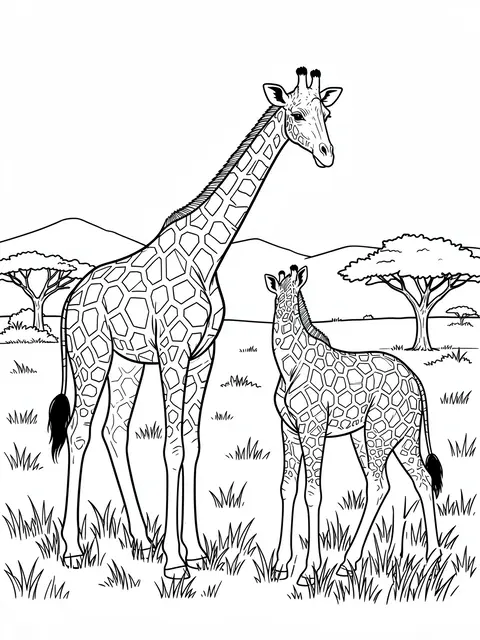 Black and white line art of a mother giraffe and her calf standing on the savanna