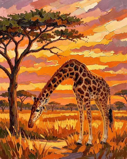 Palette knife oil painting of a giraffe standing beside an acacia tree on the savanna at vibrant sunset