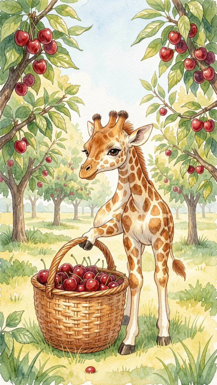 Watercolor illustration of a cute giraffe calf holding a cherry basket full of ripe fruit in a sunny orchard