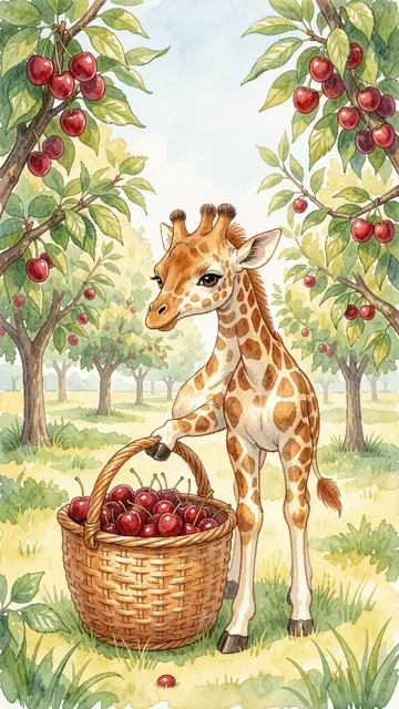 Watercolor illustration of a cute giraffe calf holding a cherry basket full of ripe fruit in a sunny orchard