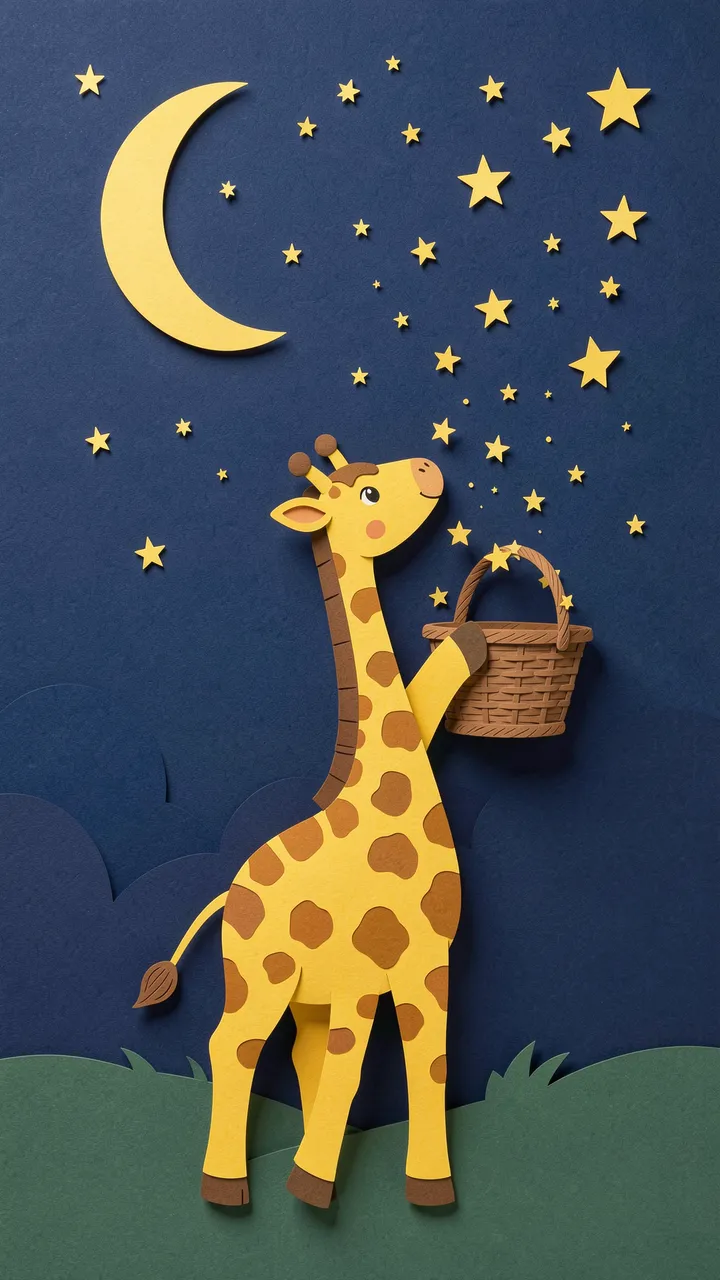 Layered paper cut illustration of a cute giraffe holding a basket to catch stars under a crescent moon