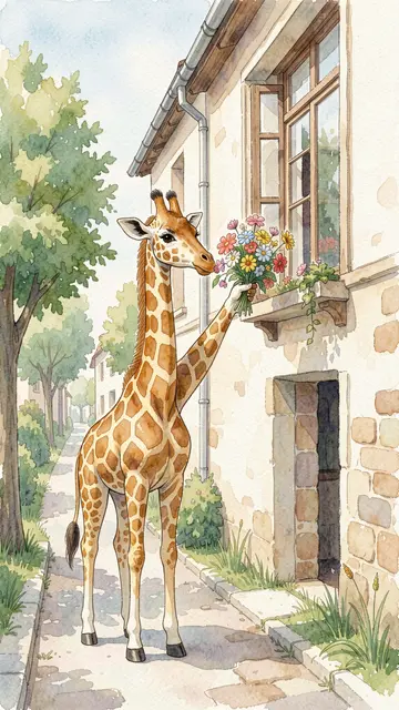 A watercolor giraffe holds a bouquet of flowers up to a second-floor window on a quiet residential lane