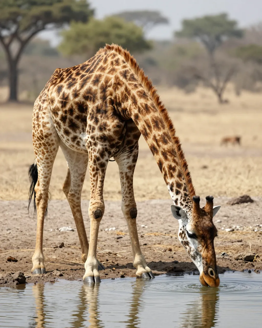 A giraffe bends down to drink from a small savanna waterhole, with acacia trees in the blurred background.