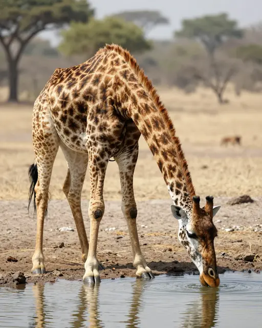 A giraffe bends down to drink from a small savanna waterhole, with acacia trees in the blurred background.