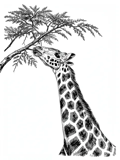 Pen and ink drawing of a giraffe reaching up to browse leaves from an acacia branch on a plain white background