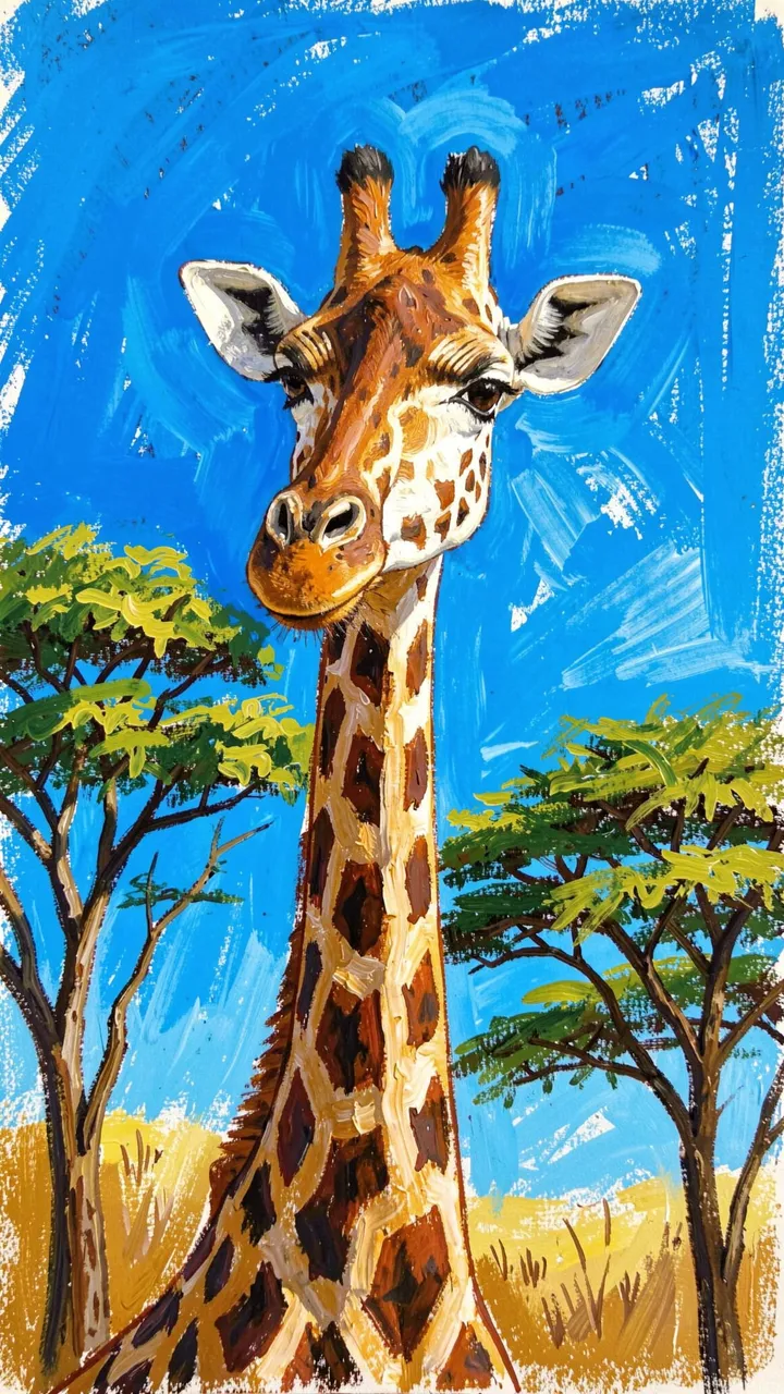 A bold oil pastel drawing of a giraffe's head and neck framed by acacia trees under bright blue sky