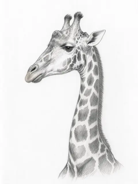 Detailed graphite pencil sketch of a giraffe head and neck in profile on white paper