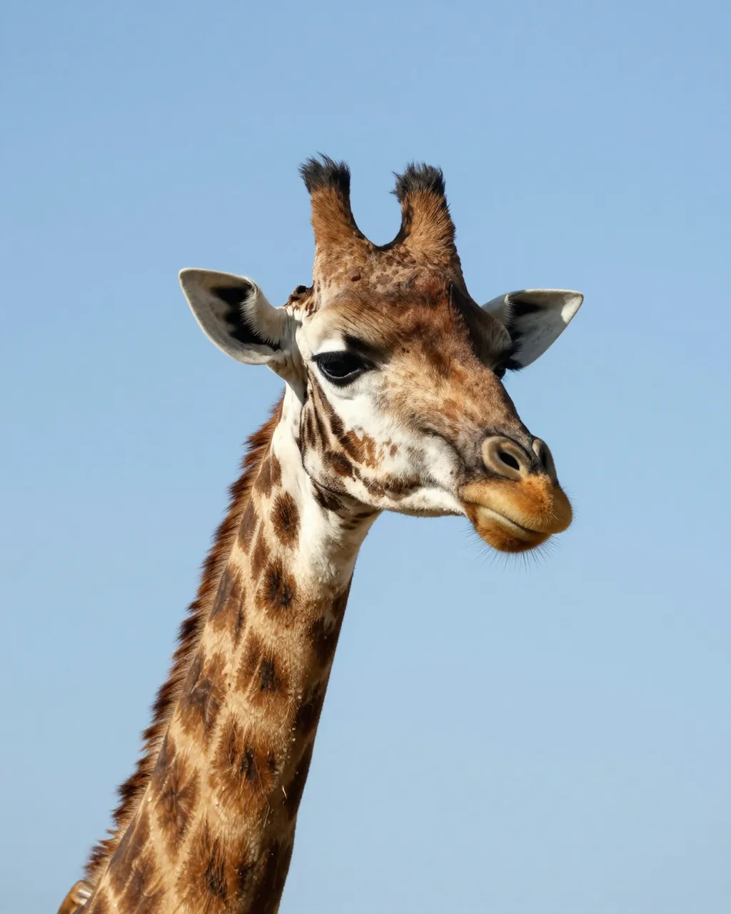 Close-up portrait of a giraffe's head and neck against a clear pale blue sky