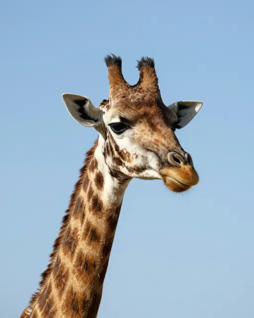 Close-up portrait of a giraffe's head and neck against a clear pale blue sky