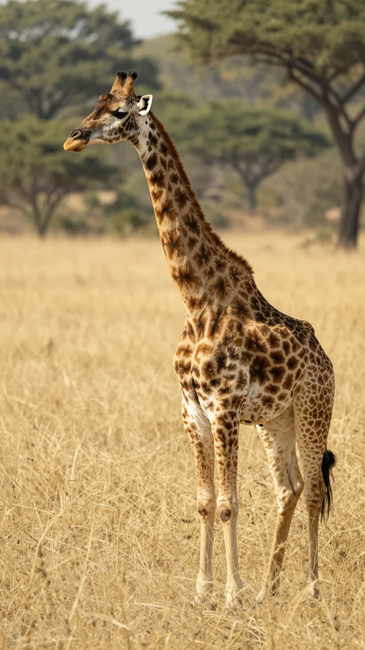 A tall giraffe stands in dry golden savanna grass, looking over its shoulder toward the viewer with acacia trees in the