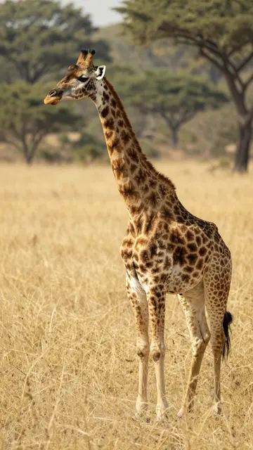 A tall giraffe stands in dry golden savanna grass, looking over its shoulder toward the viewer with acacia trees in the