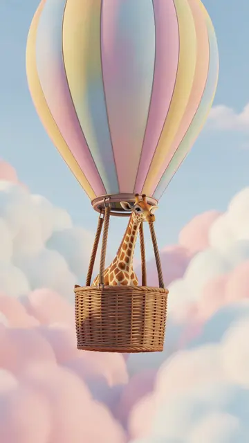A small giraffe rides in a hot air balloon basket above soft pastel clouds