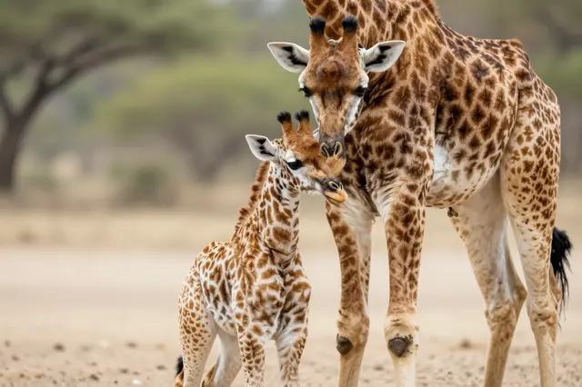 An adult giraffe tenderly nuzzles its small baby calf standing beside it on savanna ground
