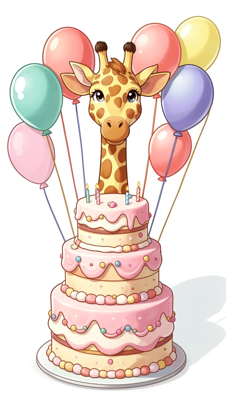 Cute cartoon giraffe peeks over a tall tiered birthday cake surrounded by pastel floating balloons