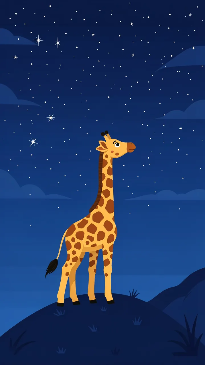 Cute cartoon giraffe stands on a hilltop looking up at a starry deep blue night sky
