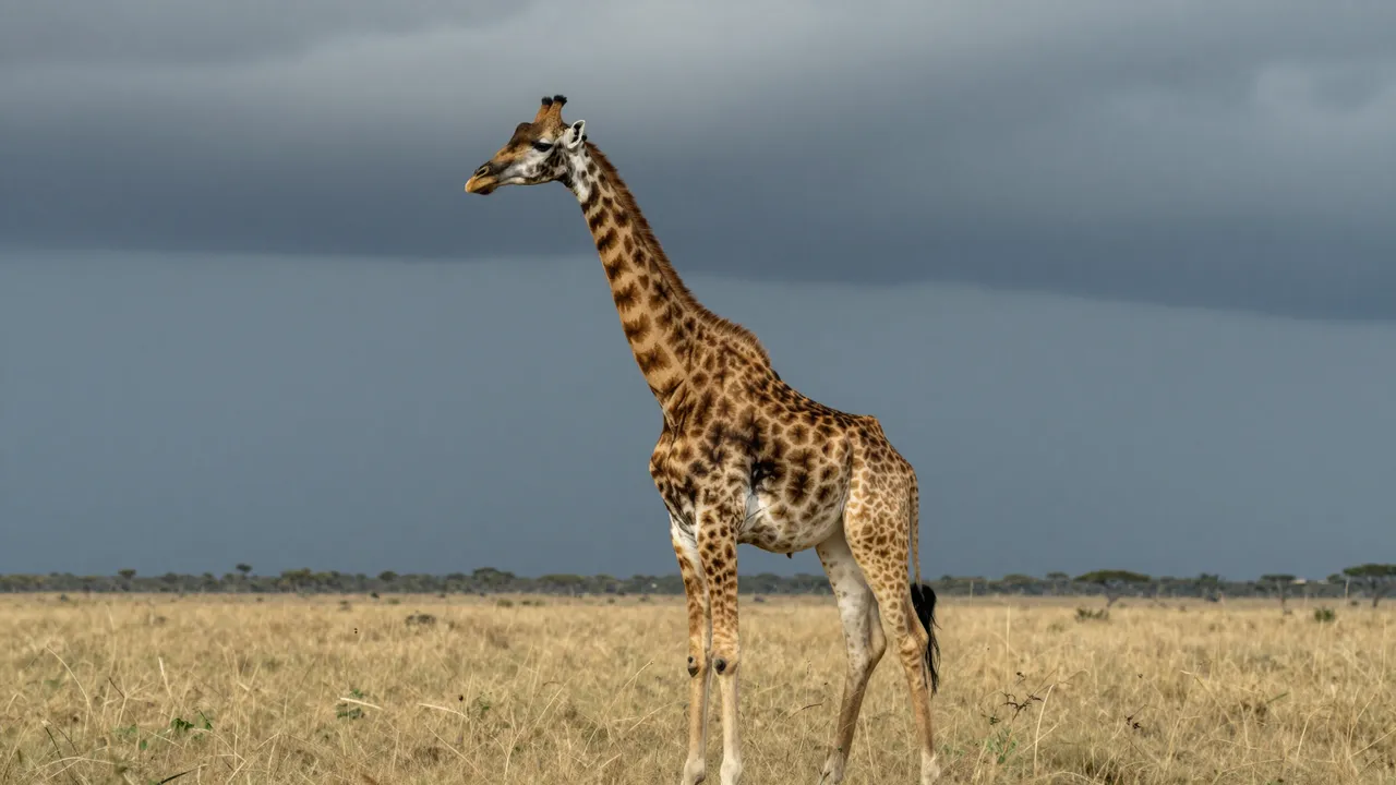 A giraffe stands alone on dry savanna grass beneath heavy dark storm clouds