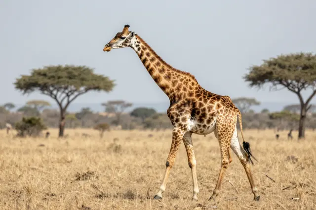 A giraffe walks across dry grassy savanna dotted with acacia trees under a pale hazy sky